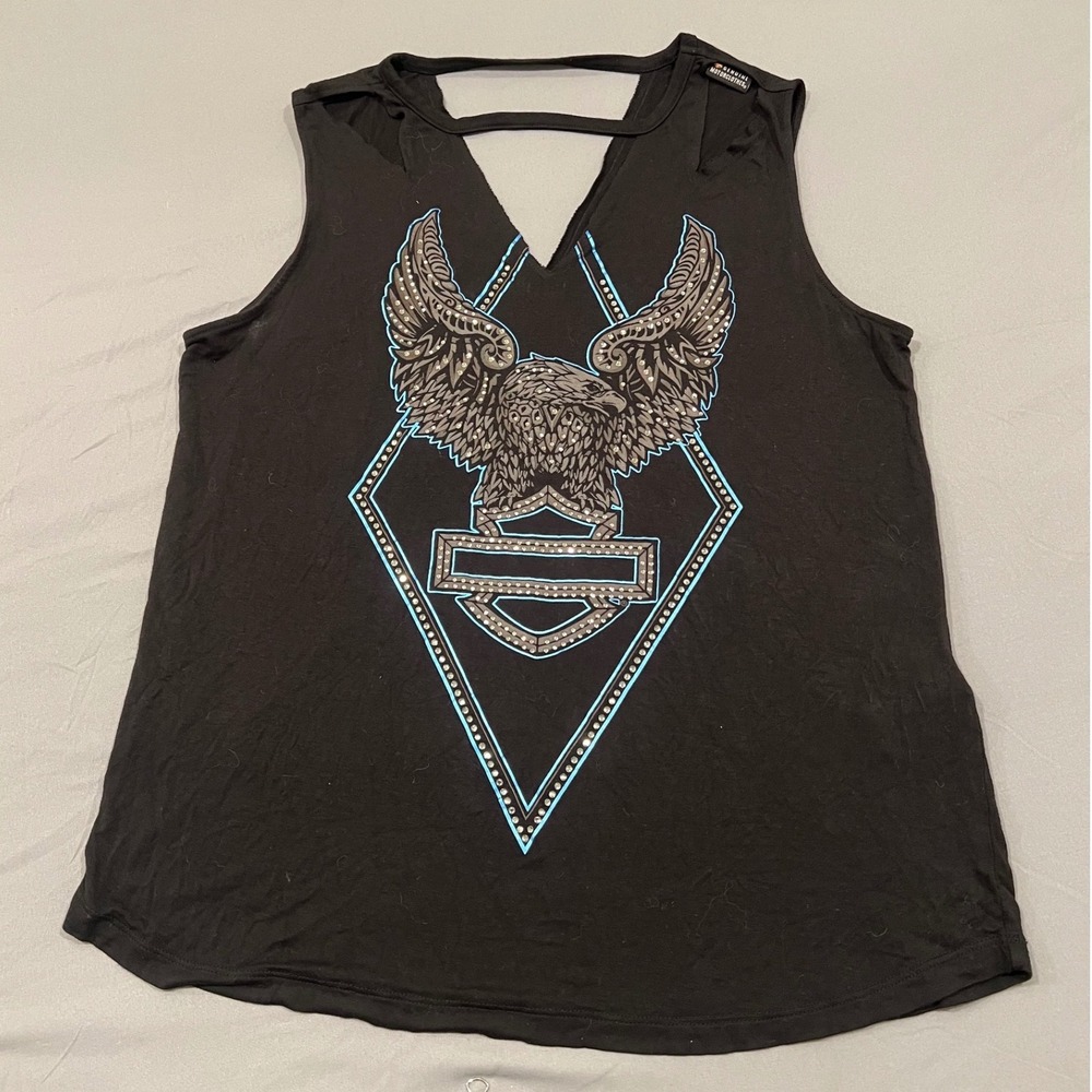 Harley Davidson Tank Top Womens L Black Rhinestone Eagle Cutout Back V-Neck
